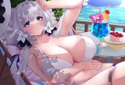 Rule 34 | 1girl, armpits, azur lane, bare arms, bare shoulders, bikini, blue eyes, blush, breasts, cleavage, collarbone, drink, hair ornament, highres, illustrious (azur lane), large breasts, long hair, looking at viewer, mole, mole under eye, navel, ocean, outdoors, sitting, solo, swimsuit, thigh strap, water, wee (weeyy), white bikini, white hair