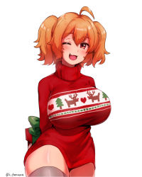 Rule 34 | :d, ahoge, arms behind back, blush, bottomless, breasts, cerberus (last origin), chamame, christmas, christmas sweater, fang, gift, holding, holding gift, holiday sweater, large breasts, last origin, medium hair, one eye closed, open mouth, orange eyes, orange hair, simple background, smile, sweater, thighhighs, turtleneck, twintails, white background