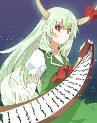 Rule 34 | 1girl, bow, breasts, cleavage, commentary request, dress, ex-keine, green dress, green hair, highres, horn bow, horn ornament, horns, kamishirasawa keine, long hair, looking at viewer, red bow, red eyes, ribbon, sasaki sakiko, scroll, short sleeves, solo, tail, touhou, very long hair