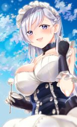 Rule 34 | 1girl, apron, azur lane, bad id, bad pixiv id, bare shoulders, belfast (azur lane), blue eyes, blue sky, blush, braid, breasts, buttons, chain, cleavage, cloud, collar, corset, french braid, frilled apron, frilled gloves, frills, gauntlets, gloves, large breasts, long hair, looking at viewer, maid, maid apron, maid headdress, mimikaki, nekomiya noru (yuduki710), open mouth, sky, smile, solo, white apron, white gloves, white hair