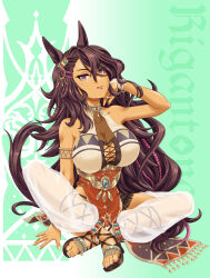 Rule 34 | 1girl, animal ears, anklet, armlet, bangle, bare shoulders, bracelet, breasts, brown hair, character name, cleavage, cleavage cutout, clothing cutout, collarbone, commentary, dark-skinned female, dark skin, ear ornament, full body, green eyes, head tilt, highres, horse ears, horse girl, indian style, jewelry, large breasts, long hair, looking at viewer, native american clothes, necklace, purple eyes, rigantona (umamusume), ringed eyes, sandals, see-through, sitting, sleeveless, solo, tongue, tongue out, umajiri gyuunyuu, umamusume, very long hair
