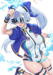 Rule 34 | 1girl, absurdres, blue jacket, blue one-piece swimsuit, commentary request, competition swimsuit, cropped jacket, dual wielding, energy sword, fate/grand order, fate (series), goggles, hair between eyes, head-mounted display, headphones, headset, highres, holding, holding sword, holding weapon, jacket, long hair, microphone, one-piece swimsuit, open clothes, open jacket, open mouth, sandals, short sleeves, silver hair, solo, swimsuit, sword, thigh strap, tinted eyewear, tomoe gozen (fate), tomoe gozen (swimsuit saber) (fate), tomoe gozen (swimsuit saber) (first ascension) (fate), two-tone swimsuit, umirororo, very long hair, visor, vr visor, weapon, white background, white one-piece swimsuit