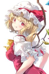 Rule 34 | 1girl, :q, absurdres, blonde hair, blush, bow, bowtie, breasts, colored eyelashes, commentary, covered erect nipples, crystal, darjeeling (reley), flandre scarlet, hat, hat ribbon, head tilt, highres, long hair, looking at viewer, medium breasts, mob cap, one side up, puffy short sleeves, puffy sleeves, red eyes, red ribbon, red skirt, red vest, ribbon, shirt, short sleeves, sidelocks, simple background, skirt, skirt set, solo, tongue, tongue out, touhou, upper body, vest, white background, white hat, white shirt, wings, yellow bow, yellow bowtie