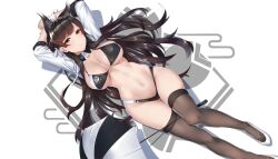 Rule 34 | 1girl, animal ear fluff, animal ears, arms behind head, arms up, atago (azur lane), atago (stunning speedster) (azur lane), azur lane, between legs, bikini, black hair, blush, breasts, brown eyes, closed mouth, commentary request, company name, cropped jacket, highleg, highleg bikini, highres, jacket, kagiyama (clave), large breasts, lips, logo, long hair, long sleeves, looking at viewer, lying, navel, on back, shiny skin, simple background, smile, solo, stomach, swimsuit, thighhighs, thighs, umbrella, wrist cuffs