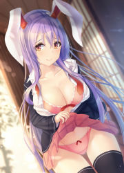 Rule 34 | 1girl, animal ears, black thighhighs, blazer, blurry, blurry background, bow, bow panties, bra, breasts, cleavage, closed mouth, clothes lift, dutch angle, hair between eyes, highres, jacket, large breasts, lifted by self, liya, long hair, long sleeves, looking at viewer, miniskirt, necktie, orange eyes, panties, pink bra, pink panties, pink skirt, purple hair, rabbit ears, red necktie, reisen udongein inaba, shirt, skirt, skirt lift, smile, solo, thighhighs, touhou, unbuttoned, unbuttoned shirt, underwear, undone necktie, very long hair, white shirt
