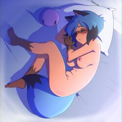 Rule 34 | animal ears, artist name, black hair, blue hair, blue tail, blush, body fur, brand new animal, breasts, brown fur, closed eyes, colored tips, completely nude, fetal position, furry, furry female, hands up, kagemori michiru, knees up, large tail, lying, medium breasts, multicolored hair, nipples, nude, on side, open mouth, pillow, raccoon ears, raccoon girl, raccoon nose, raccoon tail, short hair, sleeping, tail, tanquito kun