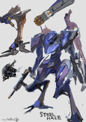 Rule 34 | armored core, armored core 6, artist name, character name, full body, green eyes, grey background, gun, highres, holding, holding gun, holding weapon, mecha, mecha focus, miso katsu, no humans, reverse-jointed legs, robot, science fiction, standing, steel haze, weapon, weapon on back