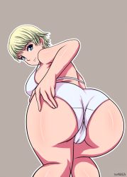 Rule 34 | 1girl, artist name, ass, bare shoulders, bent over, bikini, blonde hair, blue eyes, breasts, capcom, female focus, from behind, hand on ass, huge ass, large breasts, leaning, leaning forward, looking at viewer, looking back, resident evil, resident evil 2, resident evil 6, sherry birkin, shiny skin, short hair, sketchbits, smile, solo, swimsuit