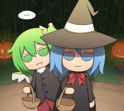 Rule 34 | ..., 2girls, alternate costume, basket, black dress, blue eyes, blue hair, buttons, cirno, commentary, daiyousei, dark, dress, english commentary, fairy wings, fangs, fumo (doll), green eyes, green hair, halloween, halloween costume, hat, hat ribbon, highres, holding, jack-o&#039;-lantern, long sleeves, mata (matasoup), multiple girls, red neckwear, ribbon, short hair, side ponytail, smile, spoken ellipsis, standing, touhou, trick or treat, wings, witch hat