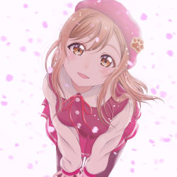 Rule 34 | 1girl, :d, beret, blush, brown hair, cherry blossoms, h.i.t (59-18-45), hat, highres, kunikida hanamaru, leaning forward, long hair, looking at viewer, love live!, love live! sunshine!!, neckwear request, open mouth, pantyhose, pleated skirt, red hat, red neckwear, school uniform, skirt, smile, solo, yellow eyes