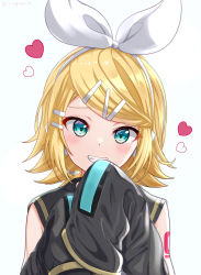 Rule 34 | 1girl, absurdres, artist name, blonde hair, blue eyes, bow, detached sleeves, fang, hair bow, hair ornament, hairclip, headset, heart, highres, itogari, kagamine rin, long sleeves, looking at viewer, sailor collar, simple background, sleeves past wrists, smile, solo, white background, white bow