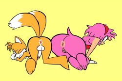 Rule 34 | 2tails, amy rose, anus, ass, back, barefoot, blonde hair, blue eyes, blush, dress, embarrassed, eyelashes, feet, fox, gloves, hairband, highres, huge ass, kneeling, looking back, looking back at viewer, medium hair, one eye closed, penis, pink anus, pink fur, pink hair, presenting anus, pussy, red dress, red hairband, sega, smile, soles, sonic (series), sweat, sweatdrop, tail, tails (sonic), teeth, testicles, wavy mouth, white gloves, yellow fur