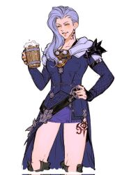 Rule 34 | 1girl, alcohol, arm strap, asymmetrical hair, beer, beer mug, black gloves, blue coat, blue hair, closed eyes, coat, collarbone, corrupted twitter file, cropped legs, cup, feet out of frame, final fantasy, final fantasy xiv, fingerless gloves, foam, gloves, hand on own hip, hebi86070749, highres, holding, holding cup, leg tattoo, long sleeves, medium hair, moenbryda wilfsunnwyn, mug, neck tattoo, open mouth, sidecut, simple background, smile, solo, standing, tankard, tattoo, undercut, white background