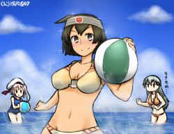Rule 34 | &gt;:), 10s, 3girls, aqua hair, beach, beret, bikini, blue hair, blush, breasts, brown eyes, brown hair, cleavage, dated, gradient hair, hamu koutarou, harusame (kancolle), hat, headband, hiryuu (kancolle), jewelry, kantai collection, long hair, looking at viewer, multicolored hair, multiple girls, navel, one-piece swimsuit, pink hair, remodel (kantai collection), ring, school swimsuit, short hair, side ponytail, smile, sparkle, suzuya (kancolle), swimsuit, translation request, v-shaped eyebrows, wedding band
