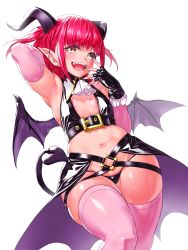 Rule 34 | 1girl, :d, absurdres, armpits, belt, bikini, black bikini, black gloves, breasts, cowboy shot, curvy, demon girl, demon horns, demon wings, elbow gloves, fangs, fingerless gloves, gloves, highres, horns, layered gloves, looking at viewer, navel, onsoku inu, open mouth, original, pink gloves, pink thighhighs, plump, red hair, simple background, skindentation, small breasts, smile, solo, swimsuit, thighhighs, thighs, waist cape, white background, wings, yellow eyes