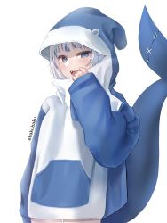 Rule 34 | 1girl, absurdres, artist name, blue eyes, blue hair, clothing request, ebakubaku, fins, fish tail, gawr gura, highres, hololive, hololive english, multicolored hair, shark tail, sharp teeth, silver hair, simple background, streaked hair, tail, teeth, upper teeth only, virtual youtuber, white background