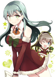 Rule 34 | 2girls, aqua hair, blue eyes, blush, boots, breasts, bridal gauntlets, brown hair, capelet, chibi, christmas, cleavage, detached sleeves, dress, gift, gloves, green eyes, green neckwear, hair ornament, hairclip, holding, kantai collection, kumano (kancolle), long hair, looking at viewer, medium breasts, multiple girls, off-shoulder shirt, off shoulder, open mouth, pom pom (clothes), ponytail, red dress, red gloves, red neckwear, shirt, smile, snowflakes, star (symbol), suzuya (kancolle), teramoto kaoru