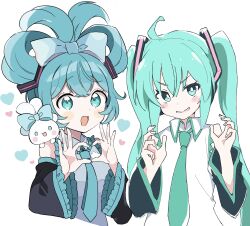 Rule 34 | 2girls, ahoge, aqua eyes, aqua hair, aqua necktie, black sleeves, cinnamiku, cinnamoroll, commentary, detached sleeves, dual persona, hair ornament, hair rings, hatsune miku, heart, heart hair ornament, highres, ixy, long hair, looking at viewer, multiple girls, necktie, open mouth, sanrio, simple background, twintails, vocaloid, white background