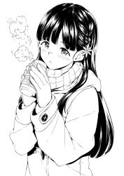 Rule 34 | 1girl, blush, can, coat, comiket 93, gloves, greyscale, hamao, highres, idolmaster, idolmaster cinderella girls, kobayakawa sae, long hair, looking at viewer, monochrome, open mouth, scarf, simple background, solo, steam, upper body, white background, winter clothes, winter coat