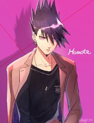 Rule 34 | 1boy, black shirt, black skirt, breast pocket, character name, collarbone, commentary request, danganronpa (series), danganronpa v3: killing harmony, facial hair, highres, jacket, jacket on shoulders, jewelry, long sleeves, looking at viewer, male focus, momota kaito, nagi to (kennkenn), necklace, open clothes, open jacket, parted lips, pink background, pocket, purple eyes, purple hair, shirt, short hair, skirt, solo, space print, spiked hair, starry sky print, twitter username, upper body