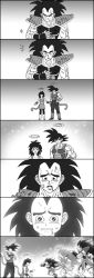 Rule 34 | 1girl, 2boys, age regression, aged down, armor, bad id, bad pixiv id, bardock, blood, blood from mouth, broken armor, closed eyes, comic, crossed arms, dirty, dragon ball, dragonball z, family, father and son, gine, gradient background, greyscale, halo, highres, kim yura (goddess mechanic), kneeling, monkey tail, monochrome, mother and son, multiple boys, muscular, pants, pants under skirt, raditz, skirt, tail, tears, wristband