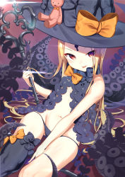 Rule 34 | 1girl, :p, abigail williams (fate), abigail williams (second ascension) (fate), absurdres, asymmetrical legwear, black bow, black hat, black panties, black thighhighs, blonde hair, blush, bow, closed mouth, commentary request, fate/grand order, fate (series), gluteal fold, groin, hat, hat bow, highres, holding, holding key, key, keyhole, long hair, looking at viewer, navel, orange bow, oversized object, panties, parted bangs, red eyes, revealing clothes, single thighhigh, skull print, solo, stuffed animal, stuffed toy, suction cups, teddy bear, tentacles, thiana0225, thighhighs, tongue, tongue out, topless, underwear, uneven legwear, very long hair, witch hat