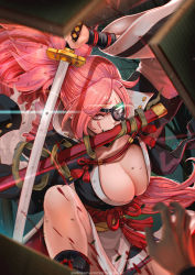 Rule 34 | 1girl, artist name, baiken, blood, breasts, eyepatch, guilty gear, guilty gear strive, highres, holding, holding sword, holding weapon, japanese clothes, katana, large breasts, long hair, looking at viewer, magion02, mouth hold, one eye closed, pink hair, solo, sword, tatami, very long hair, weapon