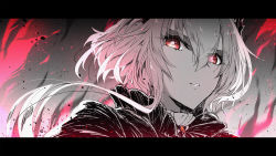 Rule 34 | 1girl, arknights, black dress, denken, dragon girl, dragon horns, dress, grey hair, hair between eyes, highres, horns, letterboxed, looking at viewer, muted color, parted lips, portrait, red eyes, short hair with long locks, solo, talulah (arknights)