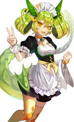 Rule 34 | 1girl, 9romit, apron, breasts, clenched hand, dragon girl, dragon horns, dragon tail, dragonmaid (yu-gi-oh!), dress, duel monster, feet out of frame, green hair, highres, horns, maid apron, maid headdress, medium breasts, orange eyes, parlor dragonmaid, puffy short sleeves, puffy sleeves, short sleeves, solo, tail, thighhighs, v, waist apron, white background, wrist cuffs, yu-gi-oh!