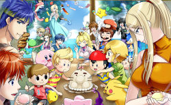 Rule 34 | 4girls, 6+boys, animal, animal crossing, black hair, blonde hair, blue eyes, blue hair, blush, cape, company connection, creatures (company), dark pit, day, facial hair, fire emblem, fire emblem: mystery of the emblem, fire emblem: path of radiance, fire emblem: the binding blade, food, game freak, gen 1 pokemon, gen 6 pokemon, gloves, greninja, hair over one eye, hat, headband, highres, ike (fire emblem), japanese clothes, jigglypuff, kid icarus, kid icarus uprising, kimono, kirby, kirby (series), link, long hair, lucas (mother 3), luma (mario), mario, mario (series), marth (fire emblem), metroid, mole, mother (game), mother 2, mother 3, multiple boys, multiple girls, mustache, ness (mother 2), nintendo, open mouth, pikachu, pikmin (creature), pikmin (series), pit (kid icarus), pokemon, pokemon (creature), pokemon xy, princess peach, princess zelda, red hair, rosalina, roy (fire emblem), samus aran, short hair, sky, smile, sonic (series), sonic the hedgehog, star (symbol), super smash bros., the legend of zelda, the legend of zelda: the wind waker, the legend of zelda: twilight princess, tongue, tongue out, toon link, villager (animal crossing), wings, yoshi, yuino (fancy party)