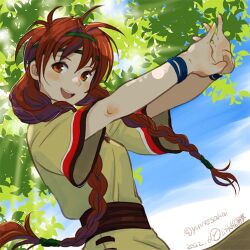Rule 34 | 1girl, braid, breasts, brown eyes, dress, gensou suikoden, headband, long hair, looking at viewer, lowres, open mouth, red hair, sakai yume, small breasts, smile, solo, tengaar (suikoden), twin braids