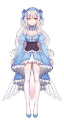 Rule 34 | 1girl, blue bow, blue dress, blue footwear, blue hairband, blue sleeves, bow, braid, braided hair rings, brown eyes, closed mouth, detached sleeves, dress, frilled hairband, frills, full body, grey hair, hair rings, hairband, hitsuki rei, juliet sleeves, long hair, long sleeves, multicolored hair, original, pink hair, pleated dress, puffy sleeves, shoes, simple background, smile, solo, standing, streaked hair, thighhighs, twin braids, very long hair, white background, white thighhighs