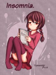 Rule 34 | 1girl, 2000s (style), aosora (mizore), bags under eyes, book, empty eyes, holding, holding book, knees up, leaning back, long sleeves, looking to the side, madotsuki, non-web source, red eyes, sad, shoes, unworn shoes, sitting, skirt, thighhighs, twintails, yume nikki