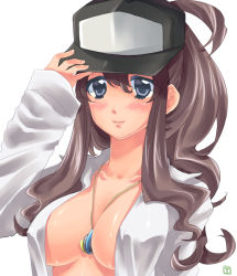 Rule 34 | artist request, between breasts, blue eyes, blush, breasts, brown hair, cleavage, cosplay, costume switch, covered erect nipples, creatures (company), game freak, hat, hilda (pokemon), jewelry, large breasts, long hair, necklace, nintendo, open clothes, open shirt, pokemon, pokemon bw, ponytail, shirt, sleeves past wrists, smile