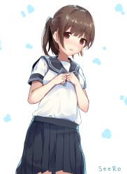 Rule 34 | 1girl, artist name, black sailor collar, black skirt, blush, breasts, brown eyes, brown hair, commentary request, hands up, highres, one side up, original, parted lips, pleated skirt, sailor collar, school uniform, seero, serafuku, shirt, short sleeves, skirt, small breasts, solo, white background, white shirt