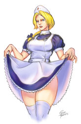 Rule 34 | 1girl, absurdres, alternate costume, alternate hairstyle, artist name, blonde hair, blue dress, blue eyes, braid, braided ponytail, breasts, capcom, clothes lift, dress, hat, highres, kolin, lips, nurse, nurse cap, parted lips, simple background, skirt, skirt lift, solo, standing, street fighter, street fighter v, thick thighs, thighhighs, thighs, white background, white thighhighs, xxx1320