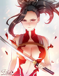Rule 34 | 10s, 1girl, bare shoulders, black hair, blush, boku no hero academia, breasts, center opening, cleavage, gradient background, grey background, halterneck, holding, holding sword, holding weapon, katana, large breasts, leotard, long hair, looking at viewer, no bra, pink lady mage, ponytail, red eyes, solo, sword, torn clothes, torn leotard, v-shaped eyebrows, watermark, weapon, web address, yaoyorozu momo