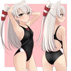 Rule 34 | 1girl, absurdres, amatsukaze (kancolle), arms behind head, black one-piece swimsuit, breasts, brown eyes, competition swimsuit, covered erect nipples, cowboy shot, from behind, hair tubes, highres, kantai collection, long hair, looking at viewer, multiple views, nokonoko, one-piece swimsuit, pink background, silver hair, small breasts, swimsuit, two-tone background, two side up