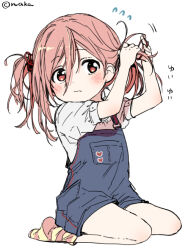 Rule 34 | 1girl, blue overalls, nakanakacxy, overalls, pink eyes, pink hair, shirt, sidelocks, simple background, socks, solo, striped clothes, striped socks, twintails, tying hair