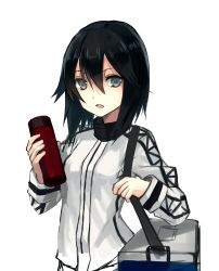 Rule 34 | 10s, 1girl, absurdres, black hair, cooler, flask, hayasui (kancolle), highres, holding, jacket, kantai collection, looking at viewer, natsuyuki, open mouth, short hair, grey eyes, simple background, solo, track jacket, upper body, white background