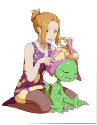 Rule 34 | 1girl, brown eyes, brown hair, brown pantyhose, closed mouth, commentary, cutting hair, digimon, digimon (creature), digimon adventure: last evolution kizuna, dress, english commentary, hair bun, highres, holding, holding scissors, materclaws, palmon, pantyhose, parted bangs, purple dress, purple footwear, scissors, seiza, shoes, short dress, simple background, single hair bun, sitting, smile, tachikawa mimi, white background