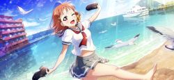 Rule 34 | 1girl, artist name, artist request, bare legs, beach, blue sky, blush, boat, bow, breasts, cloud, clover hair ornament, collarbone, detached sleeves, feet, female focus, hair bow, hair ornament, hairclip, highres, holding, holding shoes, long sleeves, looking at viewer, love live!, love live! sunshine!!, miniskirt, ocean, one eye closed, orange hair, outdoors, parted lips, pleated skirt, red eyes, red neckwear, ribbon, sailor collar, school uniform, seagulls, shirt, shoes, short hair, skirt, sky, small breasts, smile, solo, standing, standing on one leg, takami chika, watercraft, white shirt, yellow bow