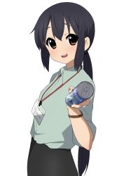 Rule 34 | 1girl, aged up, alternate costume, alternate hairstyle, beer can, black hair, black skirt, brown eyes, can, collared shirt, commentary request, drink can, green shirt, high-waist skirt, highres, holding, holding can, id card, k-on!, kicchi (tmgk), lanyard, long hair, looking at viewer, low ponytail, nakano azusa, office lady, open mouth, pencil skirt, shirt, sidelocks, simple background, skirt, smile, solo, upper body, watch, white background, wristwatch