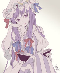 Rule 34 | 1girl, absurdres, blue bow, book, bow, collared shirt, commentary, cowboy shot, crescent, crescent hat ornament, dress, hair bow, hand on own cheek, hand on own face, hand up, hat, hat bow, hat ornament, head rest, highres, holding, holding book, kyuu umi, long hair, looking at viewer, mob cap, open book, parted lips, patchouli knowledge, purple dress, purple eyes, purple hair, purple hat, red bow, shirt, short sleeves, sidelocks, signature, simple background, solo, striped clothes, striped dress, touhou, vertical-striped clothes, vertical-striped dress, very long hair, white background