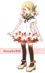 Rule 34 | 1girl, bad id, bad pixiv id, black thighhighs, blonde hair, dress, food, fruit, full body, hair ornament, hair ribbon, hairclip, hika (ozeluk), kagamine rin, red eyes, ribbon, short hair, simple background, smile, solo, strawberry, thighhighs, vocaloid, white background