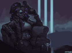 Rule 34 | 1girl, abs, armchair, artist name, black hair, blood, blood on face, breasts, can, chair, cigarette, cocktail glass, commentary, commission, cup, cyberpunk, dark-skinned female, dark skin, dreadlocks, drink can, drinking glass, english commentary, finger on trigger, glasses, gun, hair over one eye, handgun, high collar, highres, holding, holding gun, holding weapon, impforhire, indoors, jacket, large breasts, limited palette, long hair, midriff, night, open clothes, open jacket, original, popped collar, semi-rimless eyewear, short shorts, shorts, sitting, smoking, soda can, solo, sports bra, spot color, thick thighs, thighhighs, thighs, under-rim eyewear, very dark skin, weapon