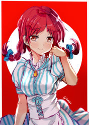 Rule 34 | 1girl, absurdres, animification, apron, artist name, commentary, corset, doyagao, dress, freckles, highres, long hair, red background, red hair, short twintails, smile, smug, solo, striped clothes, striped dress, twintails, waist apron, wendy&#039;s, wendy (wendy&#039;s), xephonia