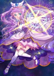Rule 34 | 1girl, absurdres, aqua eyes, commentary request, cure majesty, dress, elbow gloves, ellee-chan, eyelashes, gloves, hair ornament, happy, highres, hirogaru sky! precure, long hair, looking at viewer, magical girl, precure, purple background, purple dress, purple hair, smile, solo, thighhighs, thighs, very long hair, waka (negronoir), white gloves