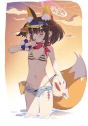 Rule 34 | 1girl, animal ear fluff, animal ears, bikini, blue archive, blush, breasts, brown hair, cowboy shot, extra ears, fox ears, fox tail, grey shorts, halo, highres, izuna (blue archive), izuna (swimsuit) (blue archive), navel, nemo (leafnight), official alternate costume, open mouth, pink halo, pink scarf, scarf, short hair, short shorts, shorts, small breasts, solo, striped bikini, striped clothes, swimsuit, tail, yellow eyes