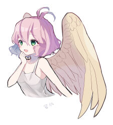 Rule 34 | 1girl, antenna hair, blush, brown wings, collarbone, cropped torso, dot nose, dress, feathered wings, green eyes, hair between eyes, harpy (puyopuyo), kashima miyako, open mouth, pink hair, puyopuyo, short hair, simple background, solo, translation request, white dress, wings